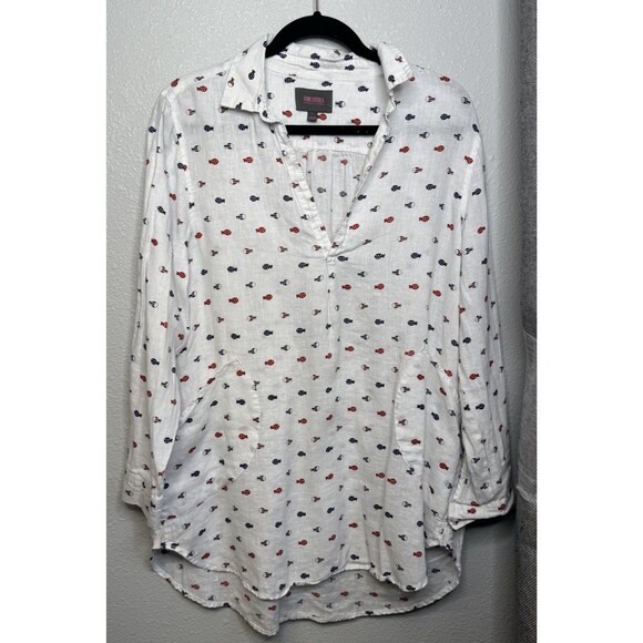 For Cynthia Beachwear Swimsuit Cover Up Fish Motif Beach Wear 100% Linen Large - Picture 1 of 4